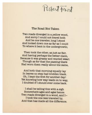 Lot #358 Robert Frost Signed Printed Souvenir Poem - 'The Road Not Taken'