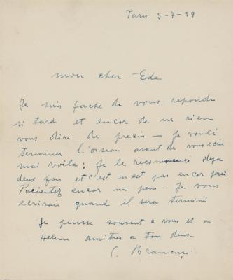 Lot #299 Constantin Brancusi Autograph Letter Signed - "I wanted to complete The Bird before writing" - Image 1