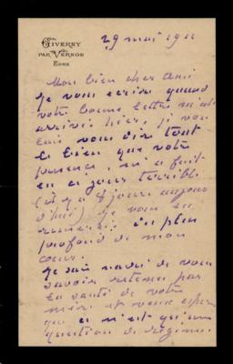 Lot #304 Claude Monet Autograph Letter Signed on Death of His Wife: I feel devastated, destroyed by this cruel separation