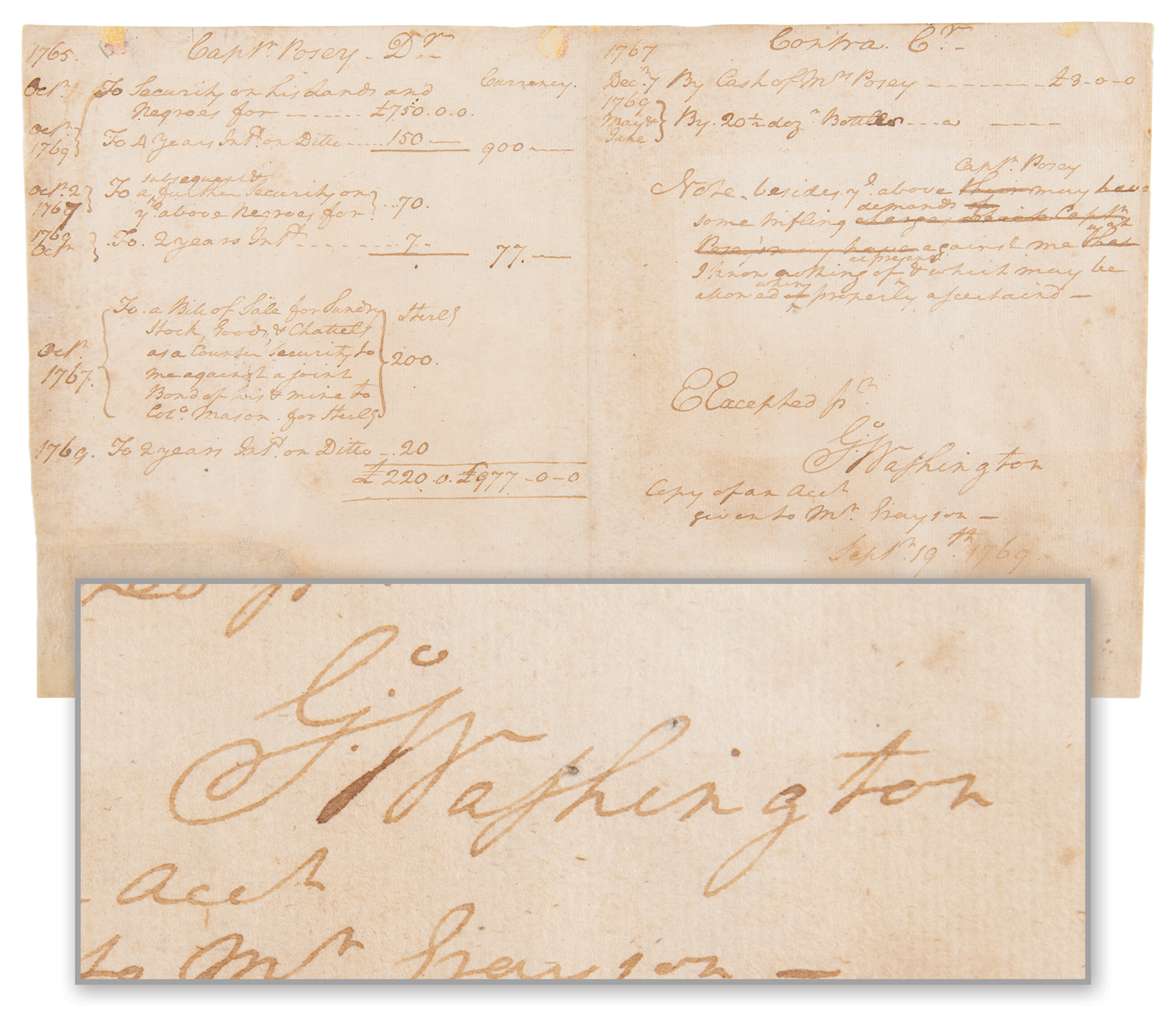 Lot #1 George Washington Autograph Document Signed - a 1769 handwritten Mount Vernon financial ledger listing security on ?Lands and Negroes?
