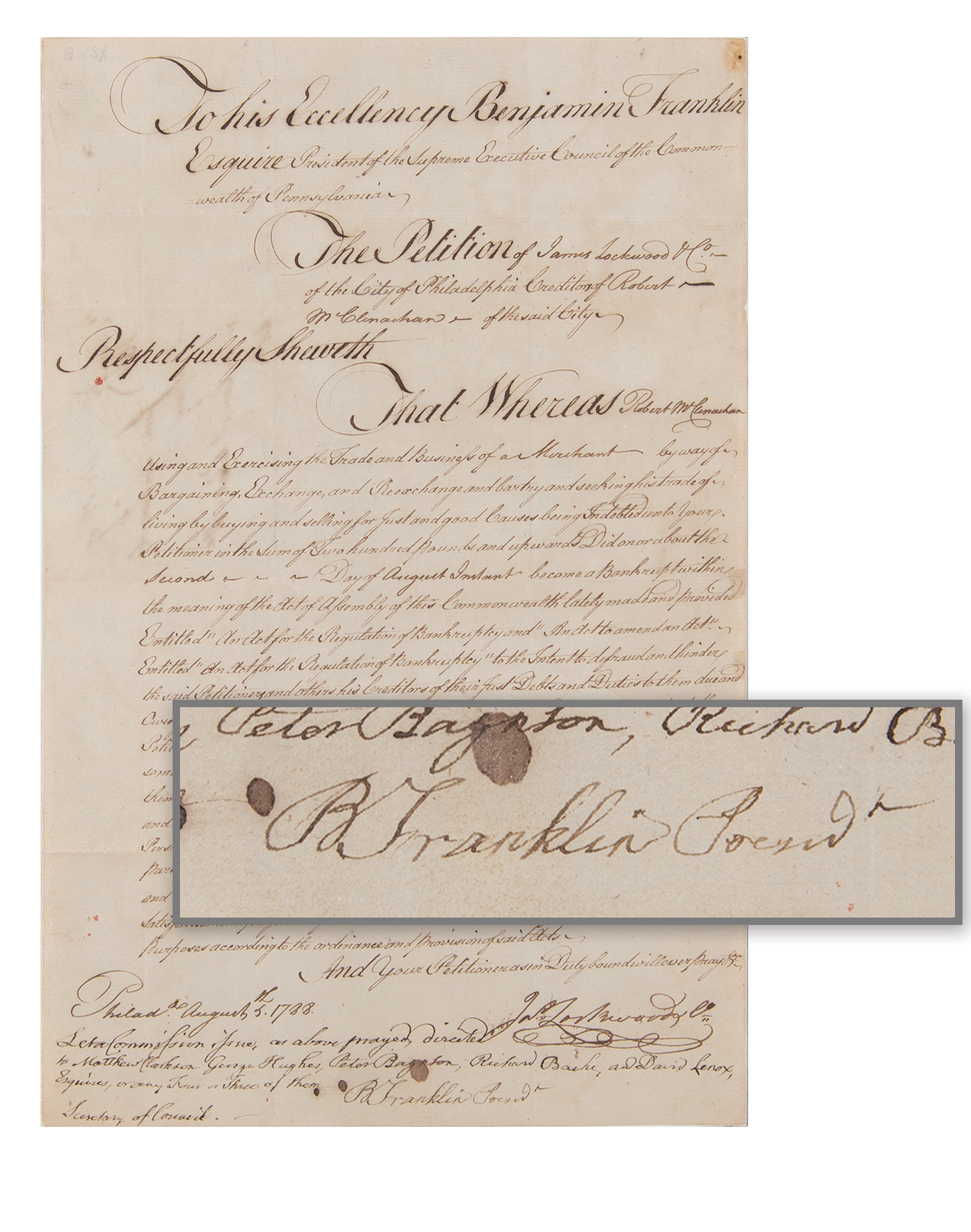 Lot #55 Benjamin Franklin Autograph Endorsement Signed as President of Pennsylvania - over 25 words in his own hand