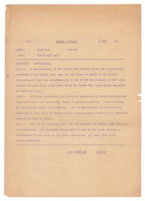 Lot #266 World War II Cipher Message: Eisenhower's Total Ceasefire Order (May 7, 1945), Announcing the "unconditional surrender of all German land, sea, and air forces in Europe" - Image 1