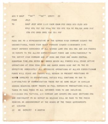 Lot #267 World War II Teleprinter Message: Eisenhower's Total Ceasefire Order (May 7, 1945), Transmitted by 1st Canadian Army - Image 1