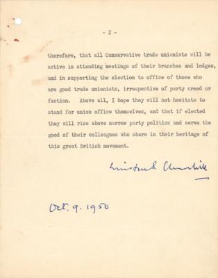 Lot #237 Winston Churchill Typed Letter Signed on Trade Unions and Socialism