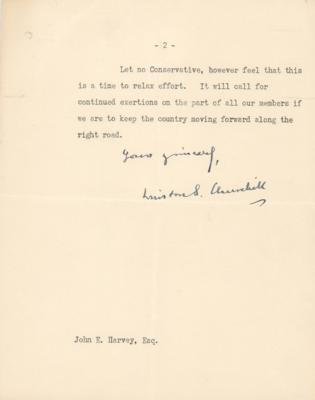 Lot #239 Winston Churchill Typed Letter Signed on Conservative Leadership: "We shall certainly persevere in working for peace in the world" - Image 2