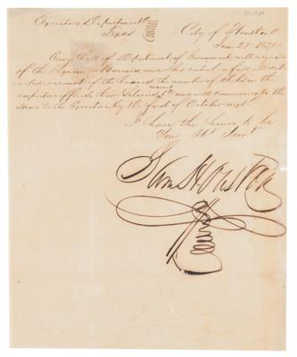 Lot #549 Sam Houston Document Signed at Houston, Texas, as President of Texas
