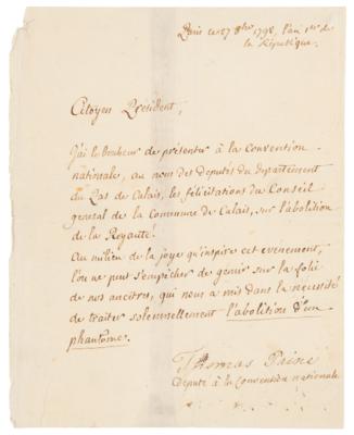 Lot #548 Thomas Paine Letter Signed on Abolition of the French Monarchy - Image 2