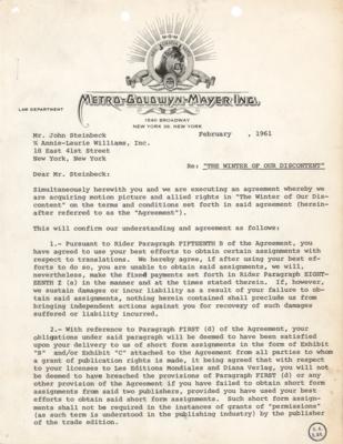 Lot #6145 John Steinbeck Signed Contract and Typed Letter Signed for 'The Winter of Our Discontent' - Image 4