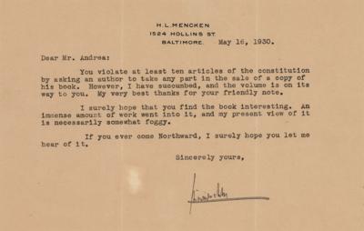 Lot #6195 H. L. Mencken Typed Letter Signed
