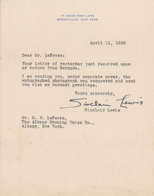 Lot #6190 Sinclair Lewis Typed Letter Signed