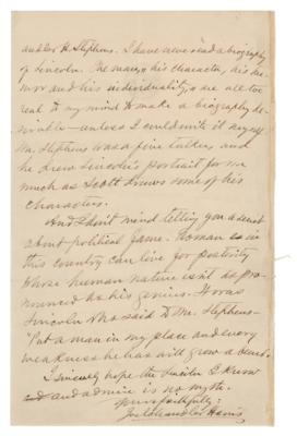 Lot #6179 Joel Chandler Harris Autograph Letter Signed on Abraham Lincoln - Image 2