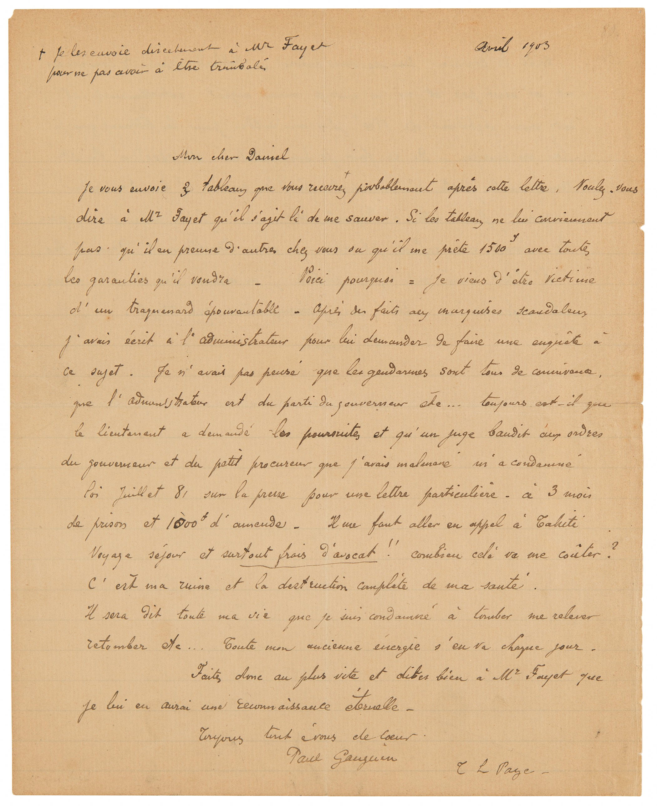 Lot #6009 Paul Gauguin Autograph Letter Signed