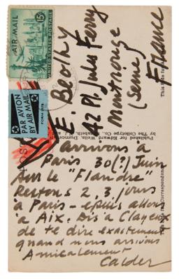 Lot #6003 Alexander Calder Signed Postcard with Mobile Sketch: "Collaboration between cows and sculptor" - Image 2