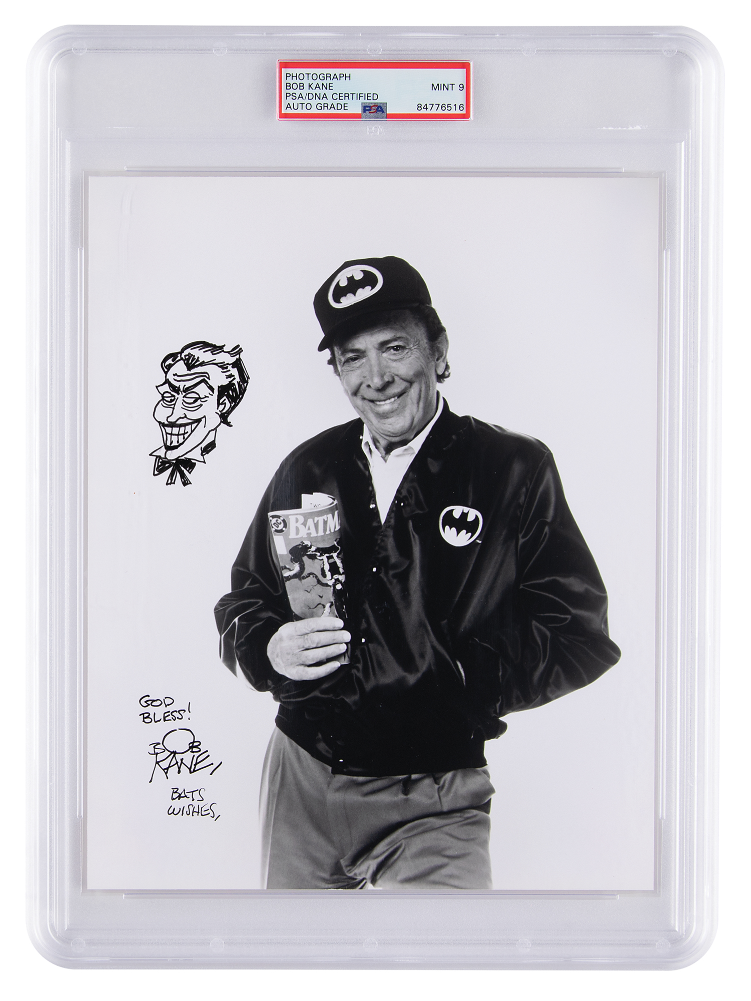 Lot #7200 Bob Kane Signed Photograph with Joker Sketch - PSA MINT 9