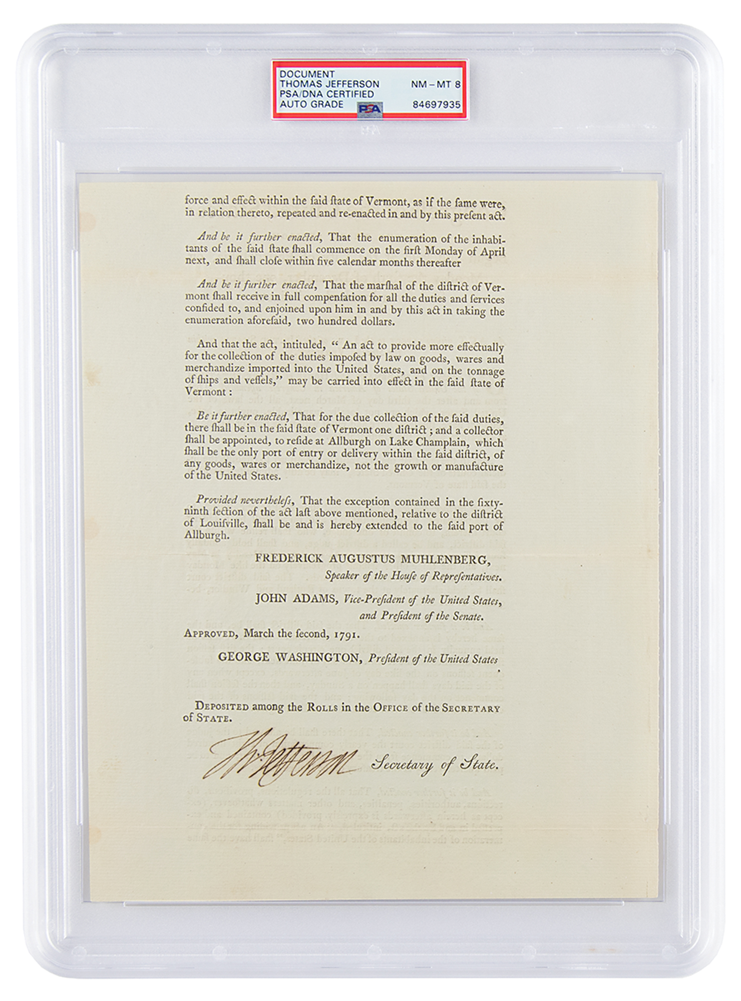 Lot #7006 Thomas Jefferson Document Signed as President - PSA NM-MT 8