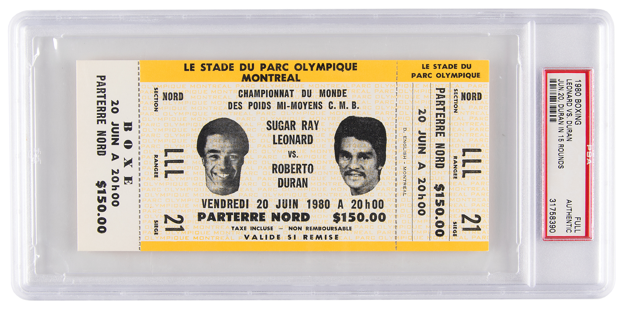 Lot #7495 Sugar Ray Leonard vs Roberto Duran 1980 WBC Championship Ticket
