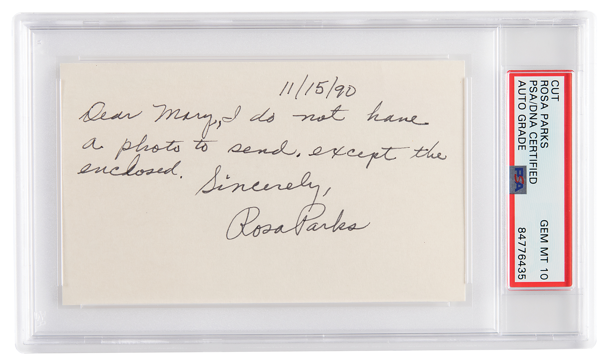 Lot #7068 Rosa Parks Autograph Note Signed - PSA GEM MINT 10