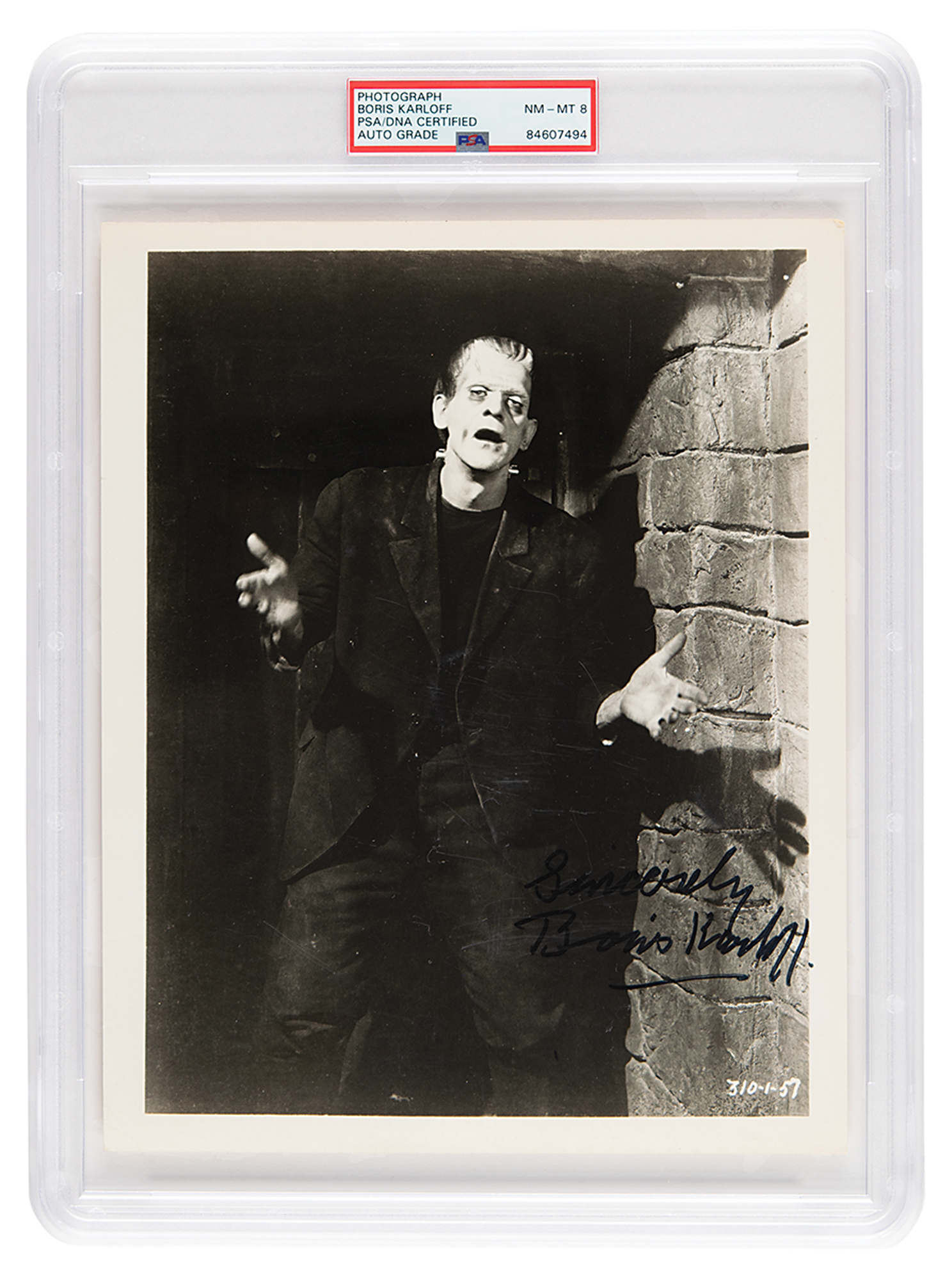 Lot #7387 Boris Karloff Signed Photograph as Frankenstein - PSA NM-MT 8
