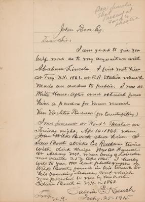 Lot #2095 Lincoln Assassination: Calvin E. Keach Autograph Letter Signed - Image 1