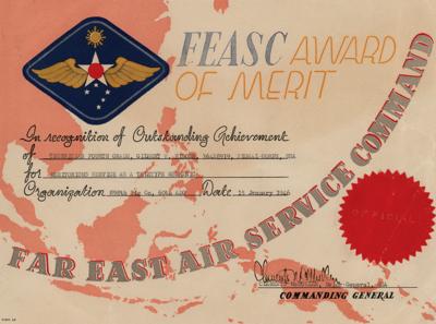 Lot #2189 WWII: Far East Air Service Command Award of Merit and Photographs - Image 1