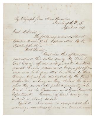 Lot #2084 Robert E. Lee's Surrender: Handwritten Telegram