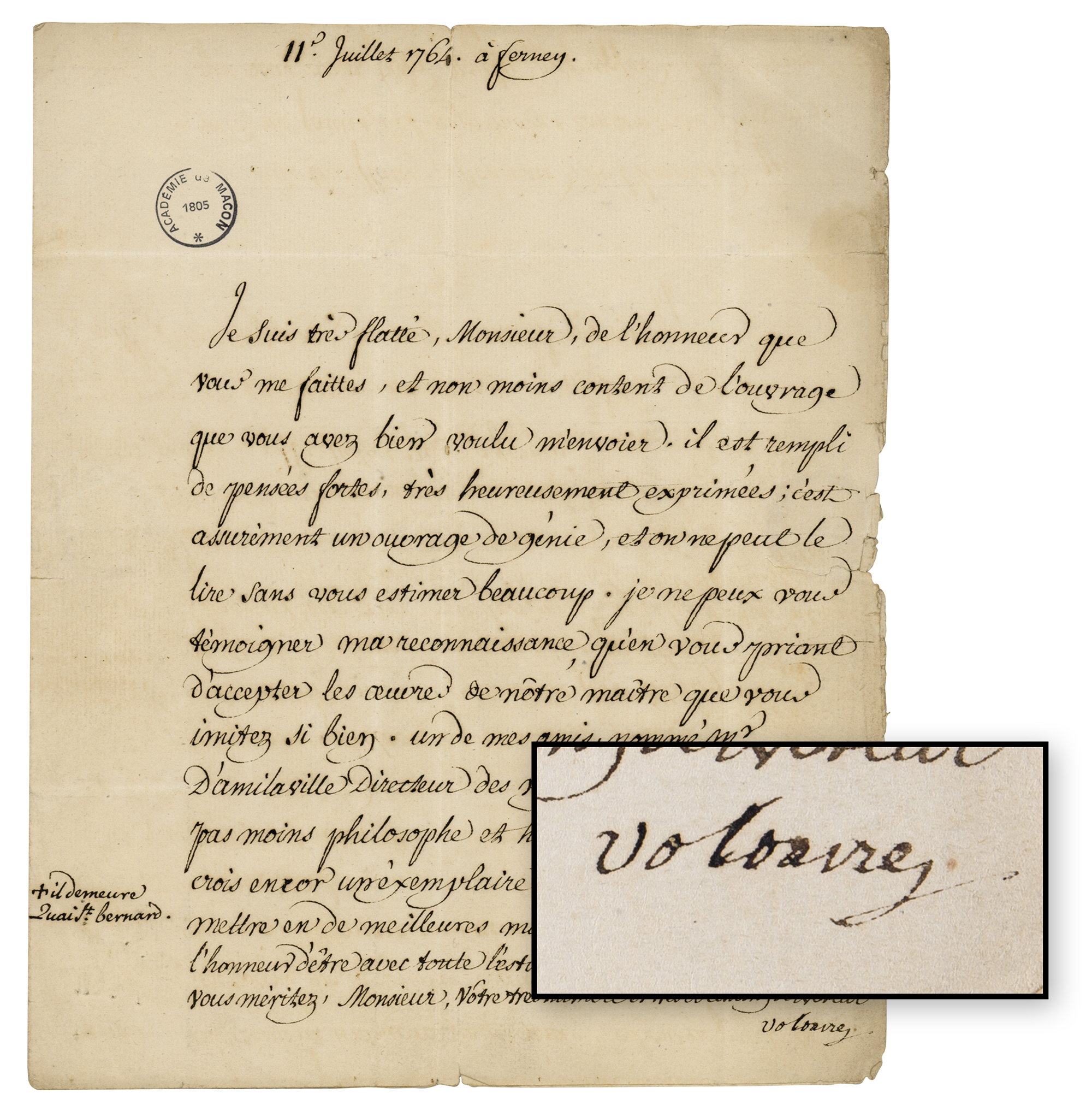 Lot #356 Voltaire Letter Signed on Literary Work