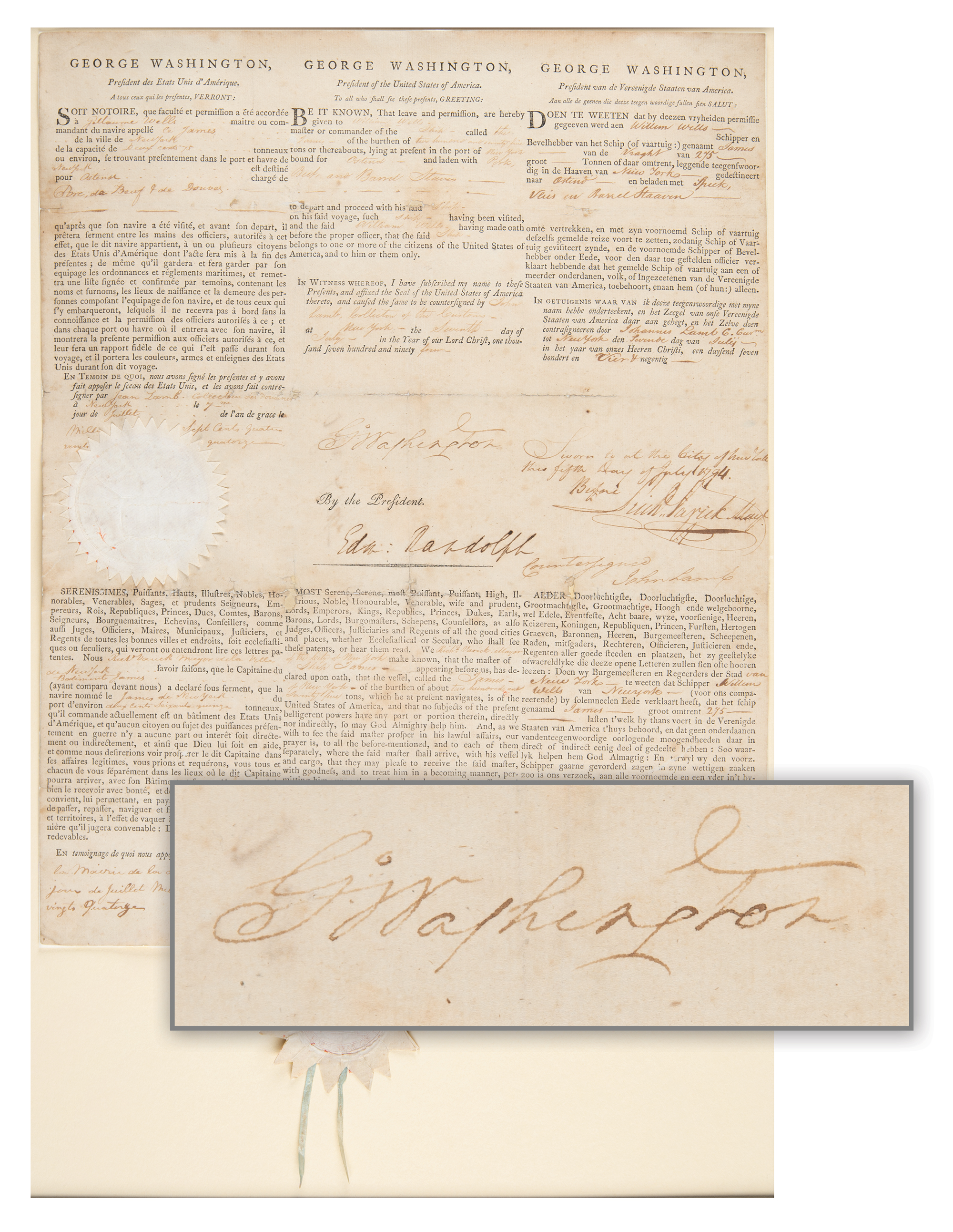 Lot #1 George Washington Document Signed as President - Three-Language Ship's Papers for a Trade Voyage - Image 1