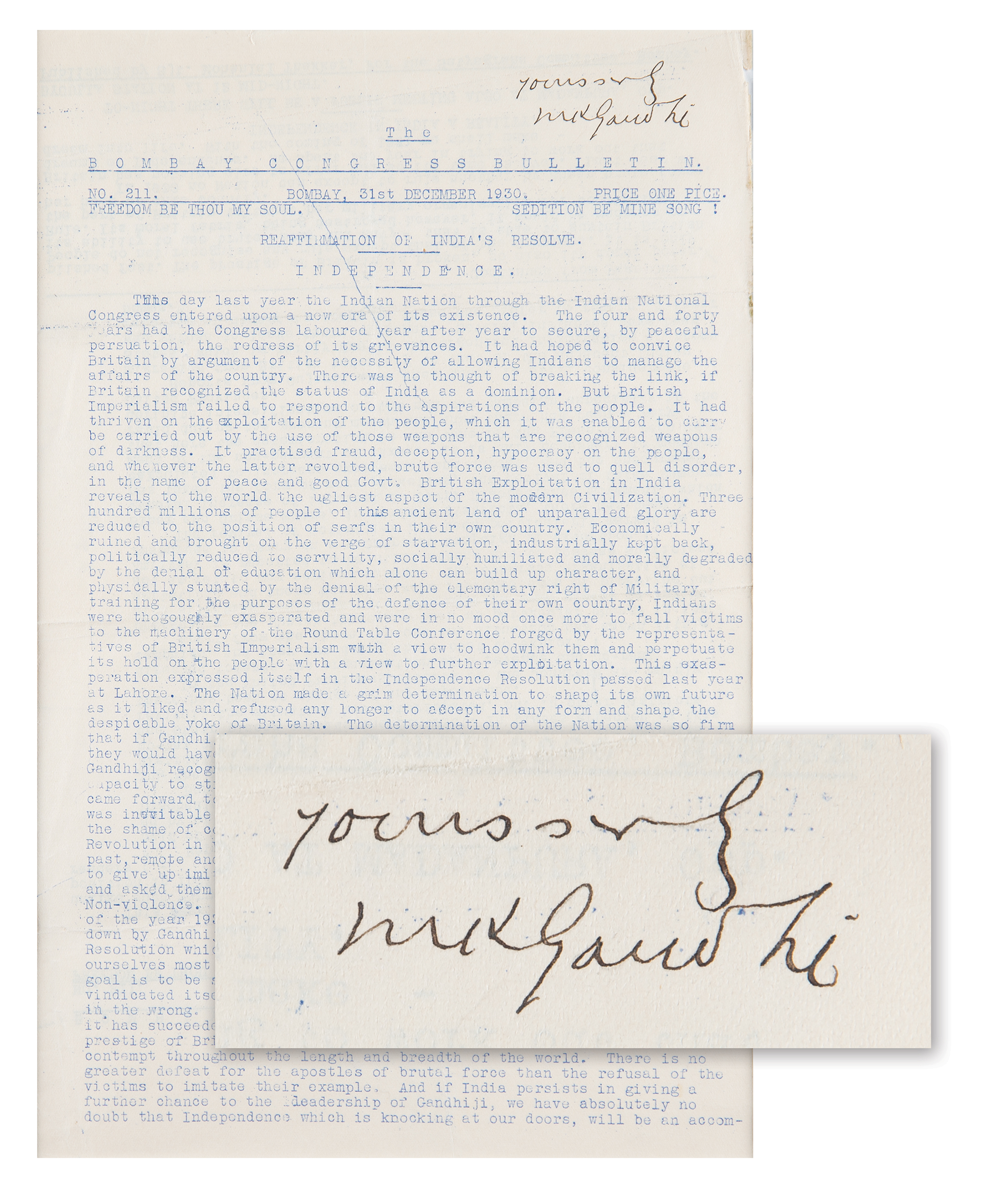 Lot #129 Mohandas Gandhi Signed 'Bombay Congress Bulletin' (1930): "Non-violence has, it must be admitted, thoroughly vindicated itself" - Image 1