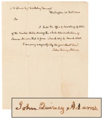 Lot #5 John Quincy Adams Autograph Letter Signed: "I held the Office of Secretary of State of the United States, during the whole administration of James Monroe" - Image 1