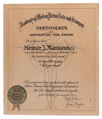 Lot #575 Citizen Kane: Academy Award Nomination Certificate for Best Original Screenplay - Image 1