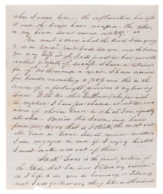 Lot #155 Sam Houston Autograph Letter Signed to Brother on His Arrival in Texas: "Texas is the finest portion of the Globe, that has, ever blessed my vision" - Image 3