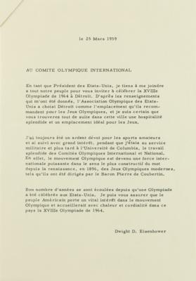 Lot #25 Dwight D. Eisenhower Typed Letter Signed as President to International Olympic Committee, Supporting Detroit as Host for the 1964 Summer Olympics - Image 4