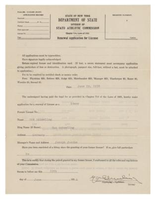 Lot #748 Max Schmeling Signed Boxing License Application for Joe Louis Fight (1938) - Image 1