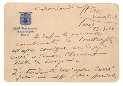 Lot #406 Giacomo Puccini Autograph Letter Signed on Madame Butterfly: "It is the first opera ever performed in Japanese costumes at the Opera Comique" - Image 1