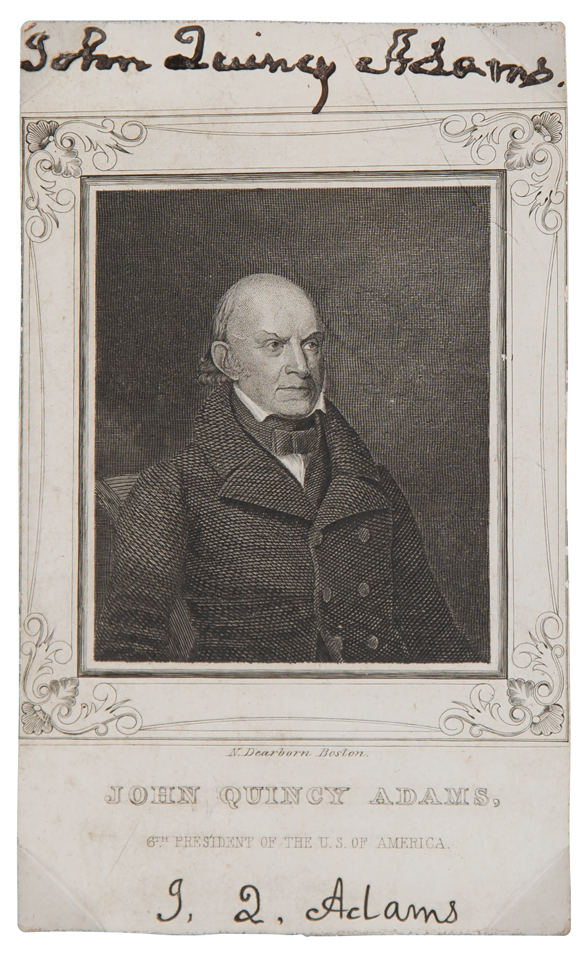 Lot #4 John Quincy Adams Signed Engraving by Nathaniel Dearborn - the earliest known signed image of any president - Image 1