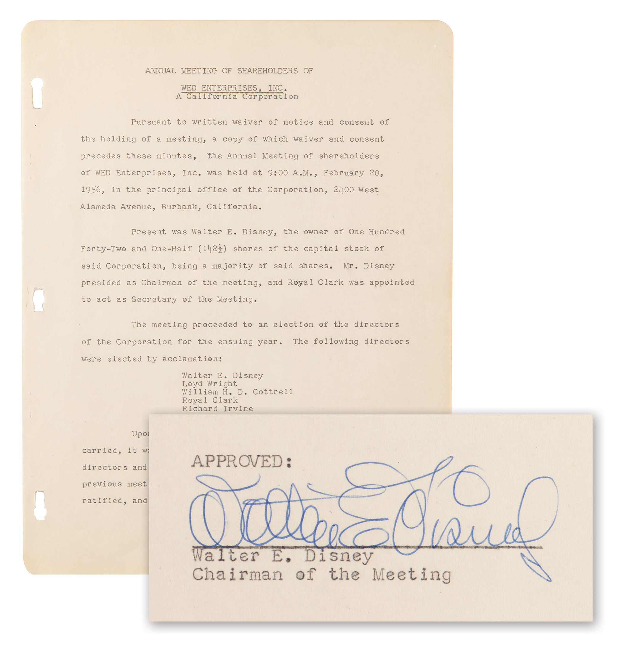 Lot #330 Walt Disney Signed WED Enterprises Document - confirming the company's 1956 board of directors - Image 1