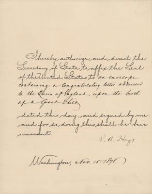 Lot #61 President Rutherford B. Hayes Congratulates Queen Victoria on the Birth of a Granddaughter - Image 1