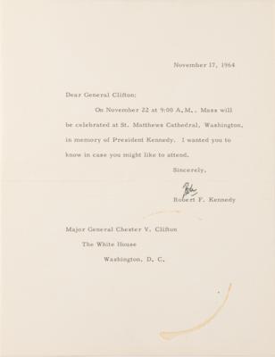 Lot #190 Robert F. Kennedy Typed Letter Signed - RFK reminds a White House military aide of President John F. Kennedy’s anniversary service - Image 1