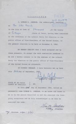 Lot #28 Lyndon B. Johnson Document Signed Accepting Nomination as Vice-President (1960) - Image 2