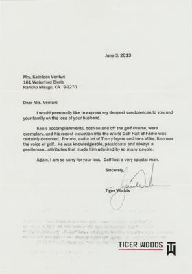 Lot #750 Tiger Woods Typed Letter Signed on Ken Venturi: "Golf lost a very special man" - Image 1