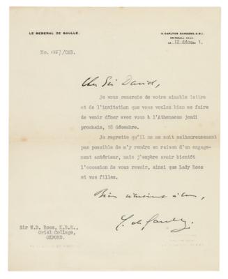 Lot #171 Charles de Gaulle Typed Letter Signed to W. D. Ross - Image 1