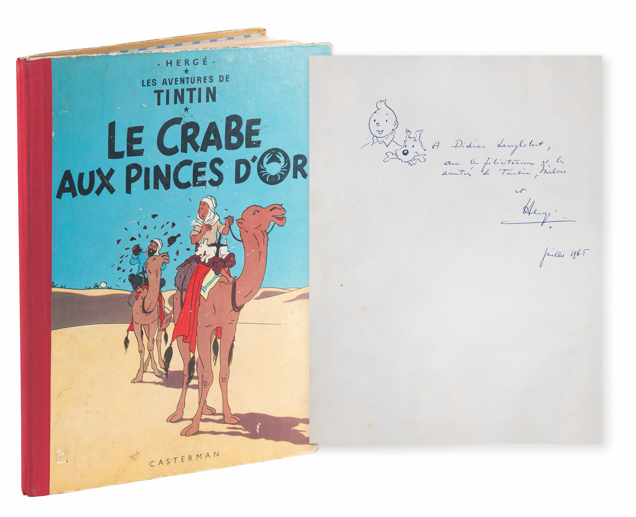 Lot #335 Herge Signed Book with Sketch of Tintin and Snowy - The Crab with the Golden Claws - Image 1
