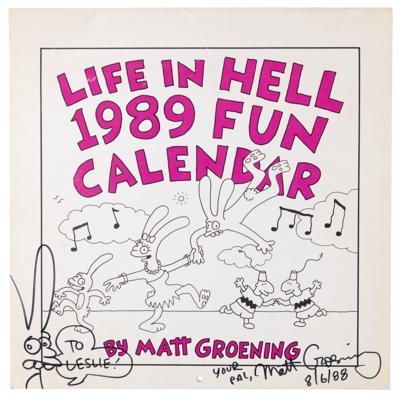 Lot #337 Matt Groening Signed Calendar with Sketch - presented to underground cartoonist Leslie Sternbergh - Image 1