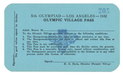 Lot #3333 Los Angeles 1932 Summer Olympics Village Pass - Image 1