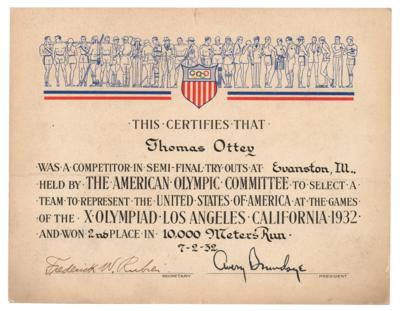 Lot #3173 Los Angeles 1932 Summer Olympics Try-Outs Certificate - Image 1