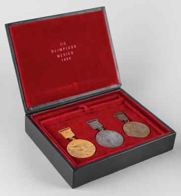 Lot #3085 Mexico City 1968 Summer Olympics Set of Gold, Silver, and Bronze Winner's Medals with Pins in Presentation Box - Image 1