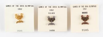 Lot #3282 Helsinki 1952 Summer Olympics (3) Winner's Medal Pins - Gold, Silver, and Bronze - Image 1