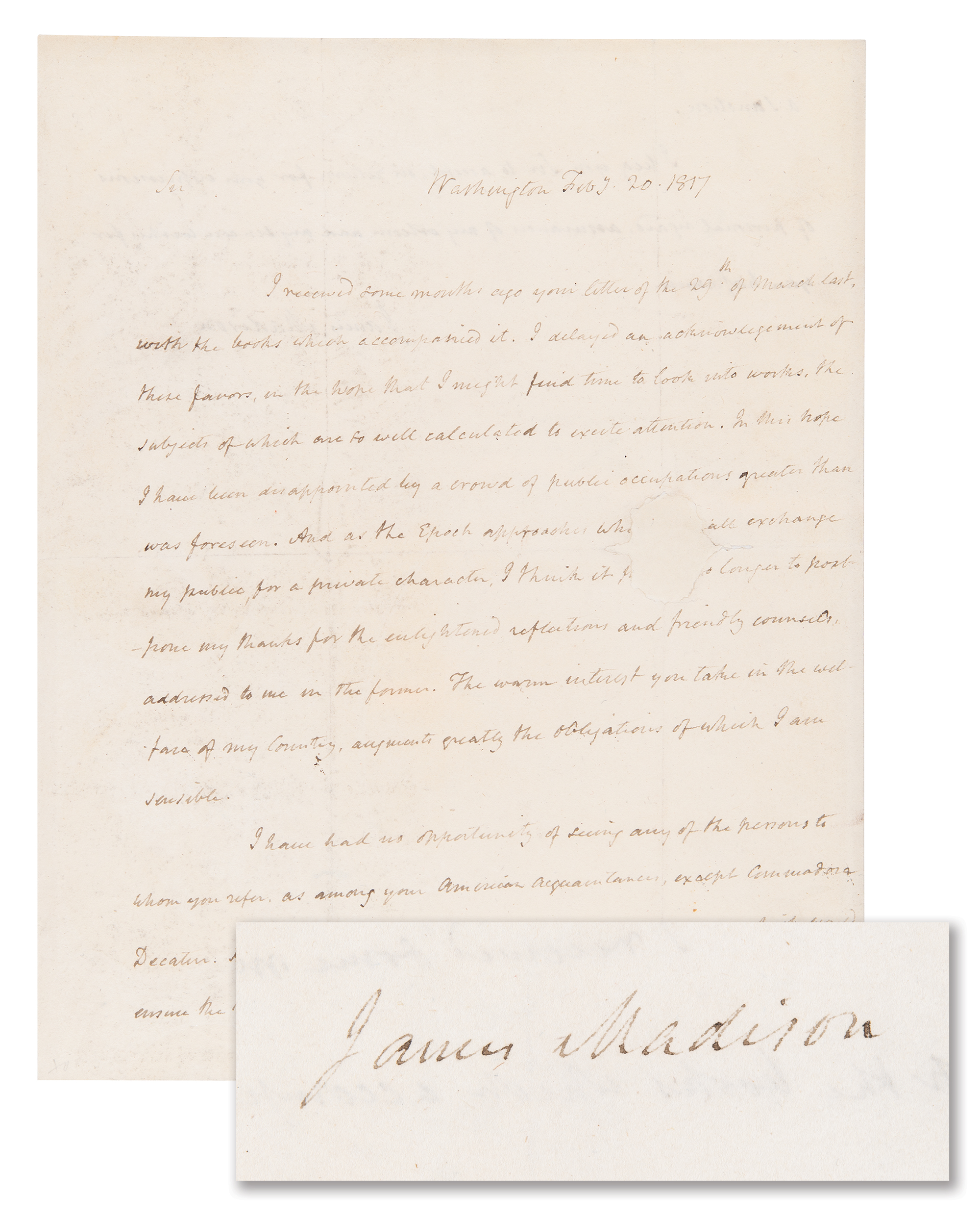 Lot #7 James Madison Autograph Letter Signed as President, Reflecting on the End of His Term and Mentioning Commodore Stephen Decatur - Image 1