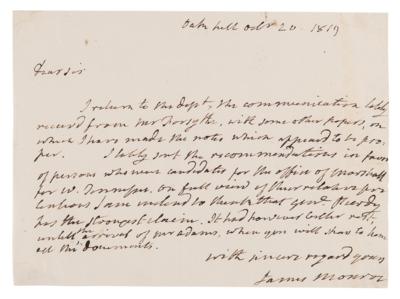 Lot #8 James Monroe Autograph Letter Signed as President, Recommending a Revolutionary War Veteran for a Frontier Post - Image 1