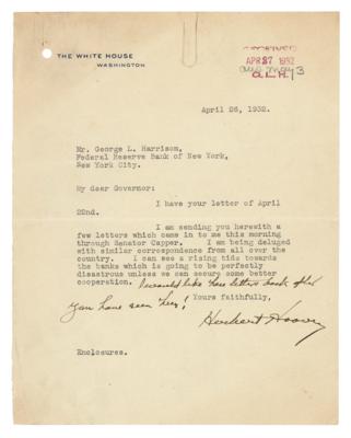 Lot #27 Herbert Hoover Typed Letter Signed as President with Rare Autograph Postscript: "I can see a rising tide towards the banks which is going to be perfectly disastrous" - Image 1